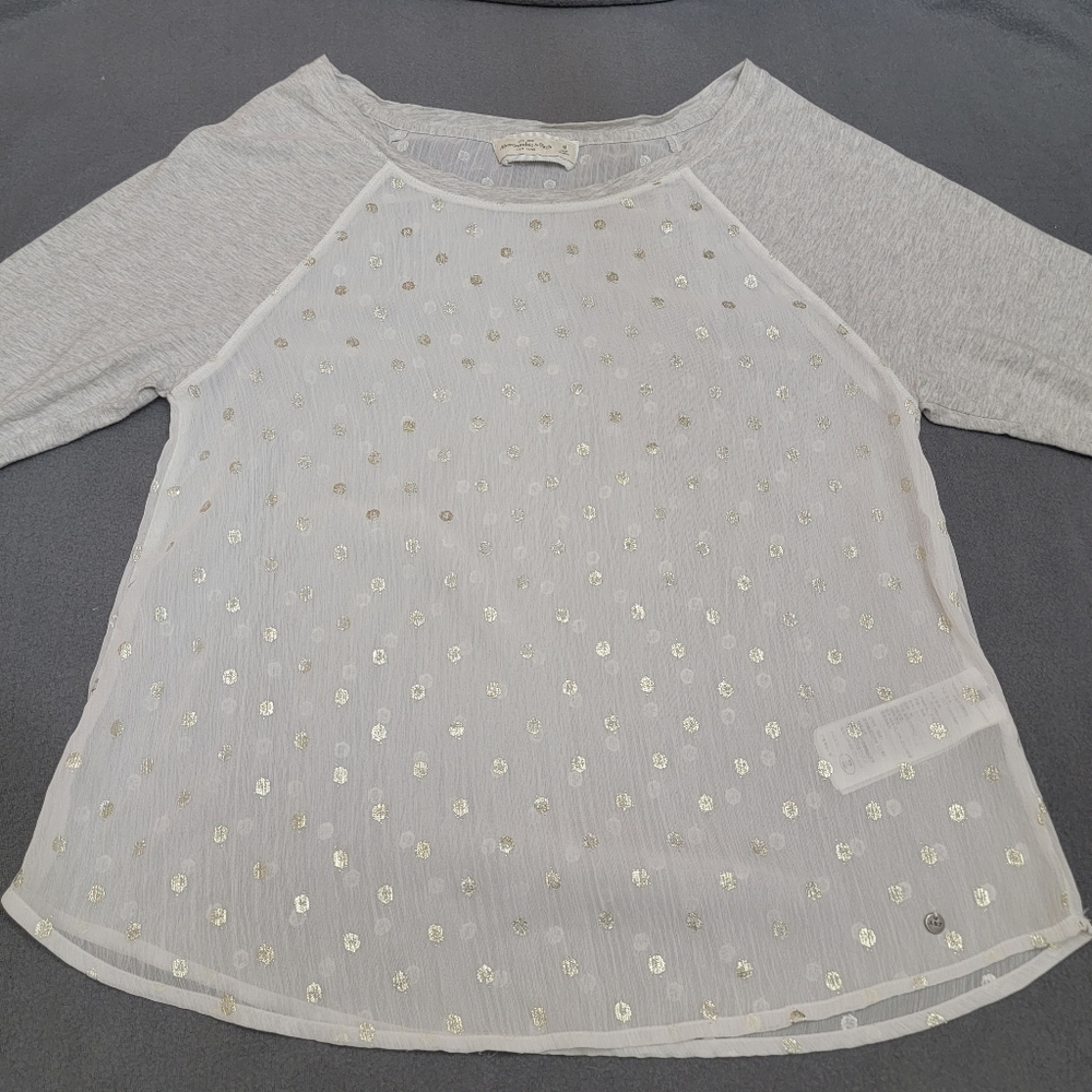 Abercrombie & Fitch Sheer Raglan Top White Gold Metallic Polka Dot 3/4 Sleeve M